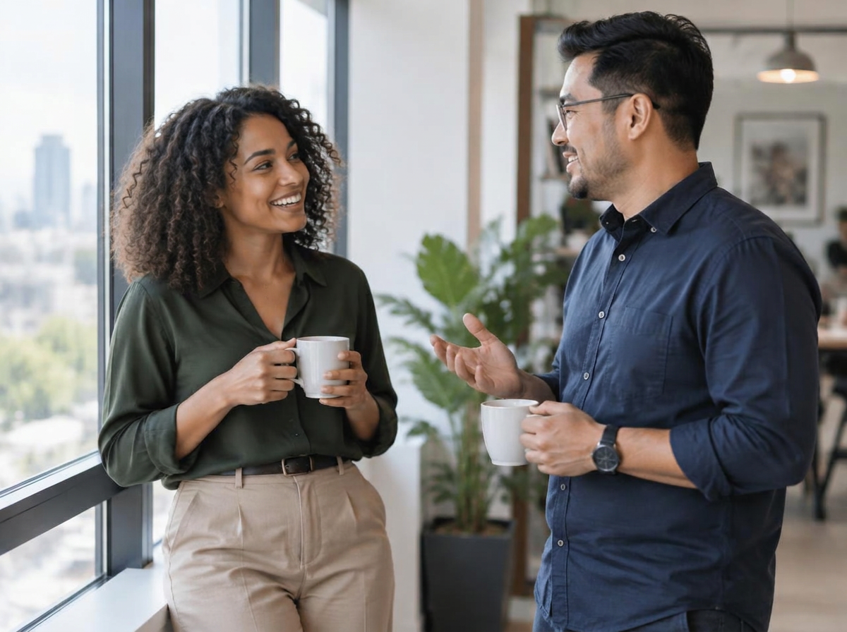 Two adults in midlife in warm, unhurried conversation in soft daylight
